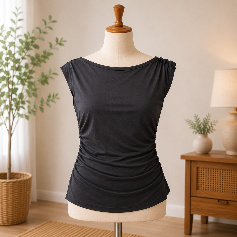 NWT Cupshe Ruched Side Top Womens XL Black Boat Neck Cap Sleeve Shirt SU2206003